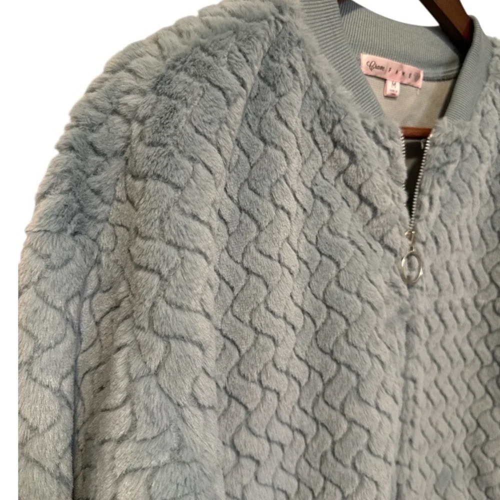Crave Fame Light Blue Fuzzy‎ Textured Bomber Jacket Cropped Sz M Soft Cozy